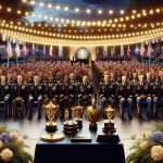 A realistic, high-definition image of a special event honoring military personnel. The setting is an outdoors evening gala decorated with string lights and a stage in the foreground. On the stage, there are several trophies and medals to be presented. The audience consists of men and women of various military ranks, dressed in formal military attire, with a balanced representation of Black, Caucasian, Hispanic, Middle-Eastern, and South Asian descent. The dignified ambiance is visible in everyone's expressions, their proud posture, and the mutual respect is evident in their interactions.