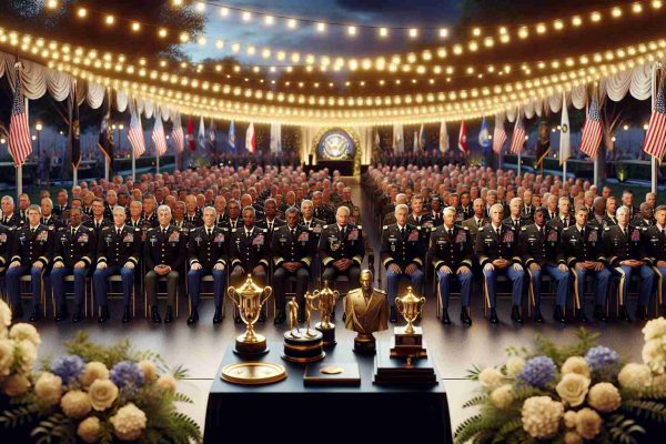 A realistic, high-definition image of a special event honoring military personnel. The setting is an outdoors evening gala decorated with string lights and a stage in the foreground. On the stage, there are several trophies and medals to be presented. The audience consists of men and women of various military ranks, dressed in formal military attire, with a balanced representation of Black, Caucasian, Hispanic, Middle-Eastern, and South Asian descent. The dignified ambiance is visible in everyone's expressions, their proud posture, and the mutual respect is evident in their interactions.