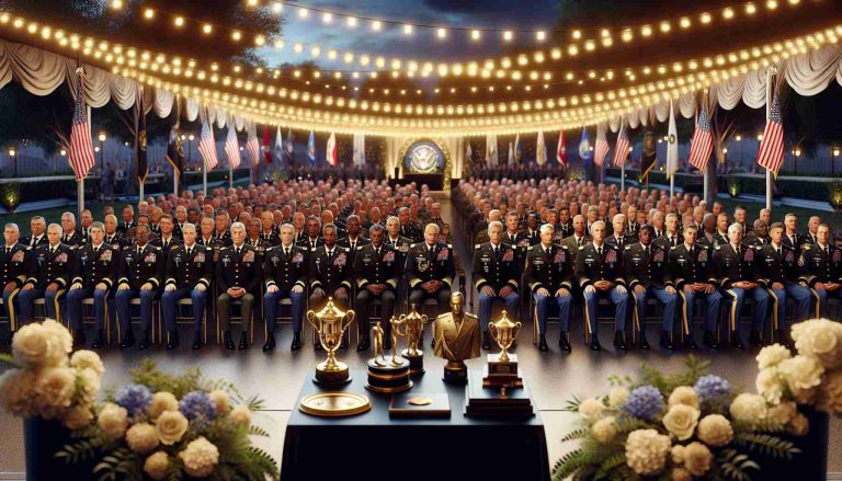 A realistic, high-definition image of a special event honoring military personnel. The setting is an outdoors evening gala decorated with string lights and a stage in the foreground. On the stage, there are several trophies and medals to be presented. The audience consists of men and women of various military ranks, dressed in formal military attire, with a balanced representation of Black, Caucasian, Hispanic, Middle-Eastern, and South Asian descent. The dignified ambiance is visible in everyone's expressions, their proud posture, and the mutual respect is evident in their interactions.