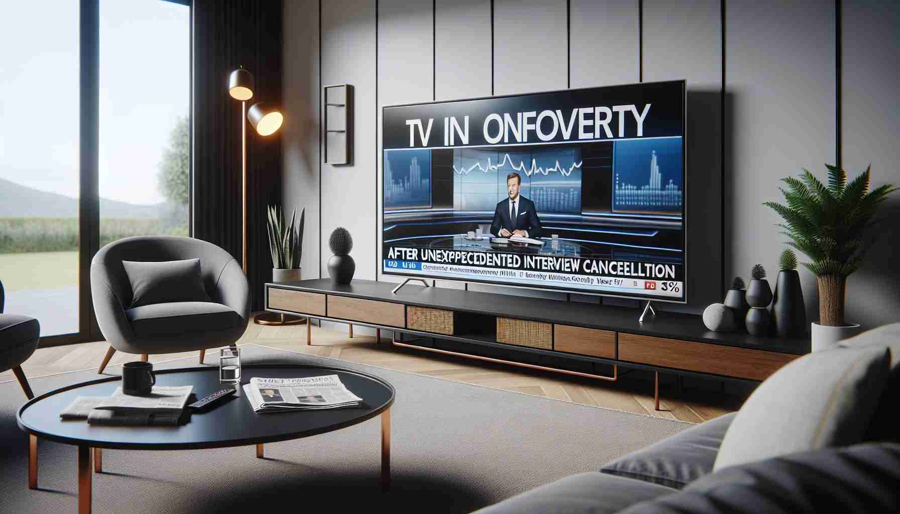 An HD realistic image of a bold headline on a television screen. The headline reads 'TV Shows in Controversy After Unexpected Interview Cancellation'. The screen is part of a modern, sleek television set sitting in a well-lit living room setting. Surrounding the TV are minimalistic decor elements such as a black coffee table with a morning newspaper, a glass of water, and a chic table lamp. The muted morning news show is playing in the background on the screen, presenting charts and a live news anchor.