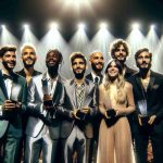 Realistic HD photo of a group of talented musicians accepting awards at an international music awards ceremony, radiating joy and humbleness as they stand together on the bright stage, their prizes shining under the spotlight. They all wear stylish, elegant suits and gowns. A few of them are Caucasian, some are Asian, while others are Black, Hispanic, and Middle Eastern, creating a rich tapestry of musical talents from all around the globe. Each person's gender varies, displaying both men and women, all sharing a moment of accomplishment.