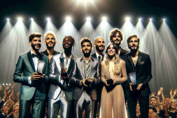 Realistic HD photo of a group of talented musicians accepting awards at an international music awards ceremony, radiating joy and humbleness as they stand together on the bright stage, their prizes shining under the spotlight. They all wear stylish, elegant suits and gowns. A few of them are Caucasian, some are Asian, while others are Black, Hispanic, and Middle Eastern, creating a rich tapestry of musical talents from all around the globe. Each person's gender varies, displaying both men and women, all sharing a moment of accomplishment.