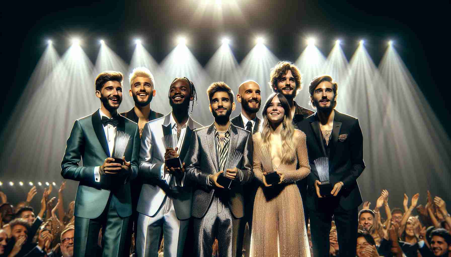 Realistic HD photo of a group of talented musicians accepting awards at an international music awards ceremony, radiating joy and humbleness as they stand together on the bright stage, their prizes shining under the spotlight. They all wear stylish, elegant suits and gowns. A few of them are Caucasian, some are Asian, while others are Black, Hispanic, and Middle Eastern, creating a rich tapestry of musical talents from all around the globe. Each person's gender varies, displaying both men and women, all sharing a moment of accomplishment.