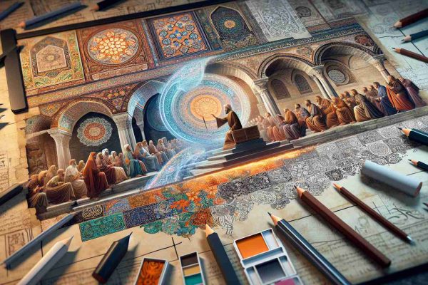 Realistic high-definition image of a visual journey through time. The scene depicts the evolution of graphic design in Istanbul throughout different historical periods. From Byzantine aesthetics, encompassing intricate mosaics and calligraphy, shifting through Ottoman influences with their elaborate floral designs to the transition towards modernity, featuring streamlined and minimalist graphics. The journey starts with ancient hand-drawn art exerting on parchment gradually transforming into a modern digital design workshop, overlaying distinct cultural symbols and calligraphic scripts to illustrate the blend of traditional and contemporary design elements.