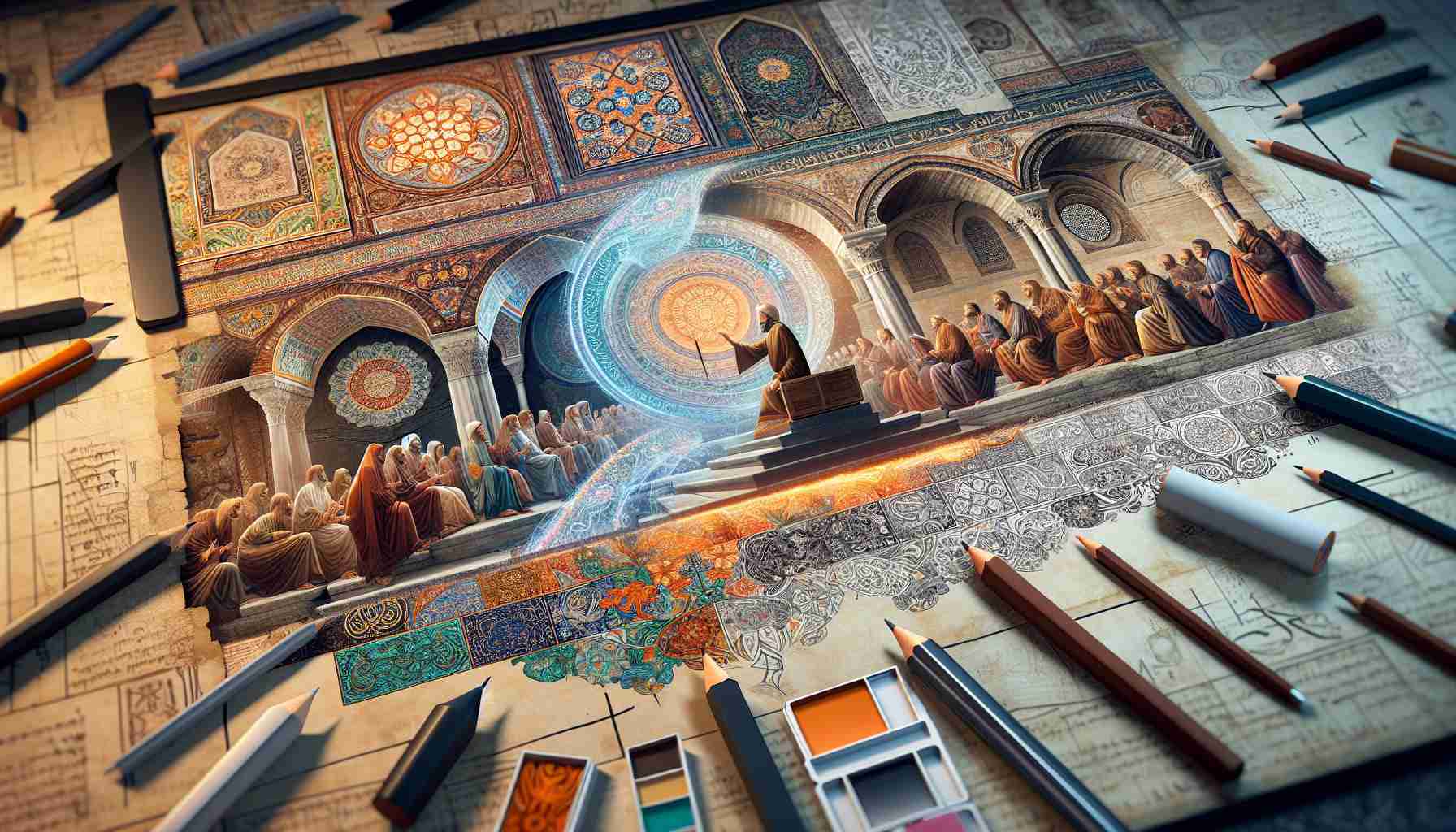 Realistic high-definition image of a visual journey through time. The scene depicts the evolution of graphic design in Istanbul throughout different historical periods. From Byzantine aesthetics, encompassing intricate mosaics and calligraphy, shifting through Ottoman influences with their elaborate floral designs to the transition towards modernity, featuring streamlined and minimalist graphics. The journey starts with ancient hand-drawn art exerting on parchment gradually transforming into a modern digital design workshop, overlaying distinct cultural symbols and calligraphic scripts to illustrate the blend of traditional and contemporary design elements.