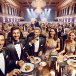 Generate a realistic high-definition image of a glamorous charity gala. The venue should be grand, bursting with elegant lighting and elaborate decorations. The attendees should reflect a diverse mix of genders and descents. Men in stylish tuxedos and women in sophisticated gowns are engaging in conversations, enjoying the posh atmosphere. Tables should be adorned with fine meals and sparkling glasses, donations are being collected in a stylish box. A stage with a microphone awaits the next speaker, indicating the purpose of the event - supporting local charities. People are smiling widely, celebrating the spirit of philanthropy.