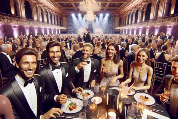 Generate a realistic high-definition image of a glamorous charity gala. The venue should be grand, bursting with elegant lighting and elaborate decorations. The attendees should reflect a diverse mix of genders and descents. Men in stylish tuxedos and women in sophisticated gowns are engaging in conversations, enjoying the posh atmosphere. Tables should be adorned with fine meals and sparkling glasses, donations are being collected in a stylish box. A stage with a microphone awaits the next speaker, indicating the purpose of the event - supporting local charities. People are smiling widely, celebrating the spirit of philanthropy.