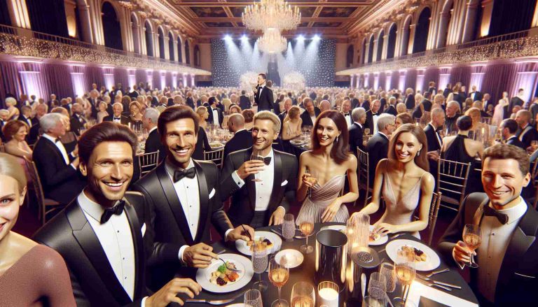 Generate a realistic high-definition image of a glamorous charity gala. The venue should be grand, bursting with elegant lighting and elaborate decorations. The attendees should reflect a diverse mix of genders and descents. Men in stylish tuxedos and women in sophisticated gowns are engaging in conversations, enjoying the posh atmosphere. Tables should be adorned with fine meals and sparkling glasses, donations are being collected in a stylish box. A stage with a microphone awaits the next speaker, indicating the purpose of the event - supporting local charities. People are smiling widely, celebrating the spirit of philanthropy.