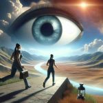 A high-definition, realistic image representing a journey embarked by a female character named Laura who emerges from a metaphorical representation of 'Big Brother'. This journey is beyond her usual confines marked by a gigantic eye symbolizing constant surveillance. The scenery shows her courageously stepping into an environment filled with opportunities and challenges.