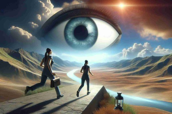 A high-definition, realistic image representing a journey embarked by a female character named Laura who emerges from a metaphorical representation of 'Big Brother'. This journey is beyond her usual confines marked by a gigantic eye symbolizing constant surveillance. The scenery shows her courageously stepping into an environment filled with opportunities and challenges.