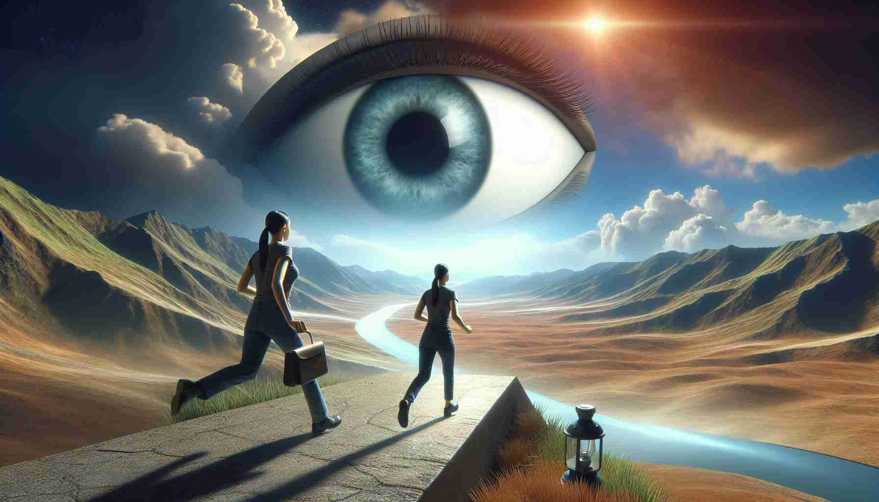 A high-definition, realistic image representing a journey embarked by a female character named Laura who emerges from a metaphorical representation of 'Big Brother'. This journey is beyond her usual confines marked by a gigantic eye symbolizing constant surveillance. The scenery shows her courageously stepping into an environment filled with opportunities and challenges.