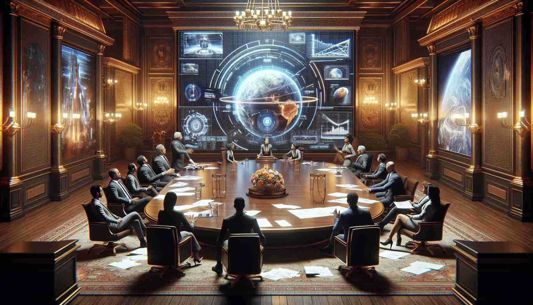 A high-definition, photorealistic image depictive of a ground-breaking television exchange proposal that is causing a disruptive impact on the entertainment industry. Conceptually, the scene could be of a grand conference room with industry-related decor to signify the setting. In the room, diverse group of executives can be seen, a Caucasian man and Middle-Eastern woman, both engrossed in an intense conversation over a futuristic TV design. Documents and blueprints are scattered across the table, implying the nature and scale of their proposal. The atmosphere should portray a sense of dramatic change, sparking vivid imaginations of a new era in television entertainment.