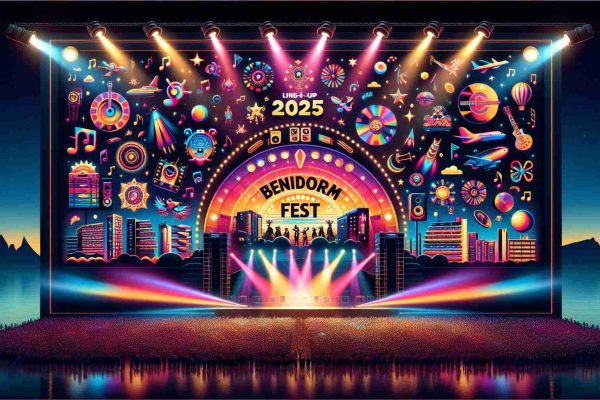 A highly realistic, high-definition image of a vibrant poster revealing the exciting line-up for the Benidorm Fest 2025. The poster should be brimming with excitement and anticipation. Visual elements might include colorful spotlights illuminating the 'Benidorm Fest 2025' title, a diverse range of lively music symbols, and a graphical representation of the eclectic range of artists billed to perform, shown as silhouettes or unique icons. The background could be a series of beautiful night skies offset by dazzling stage lights.