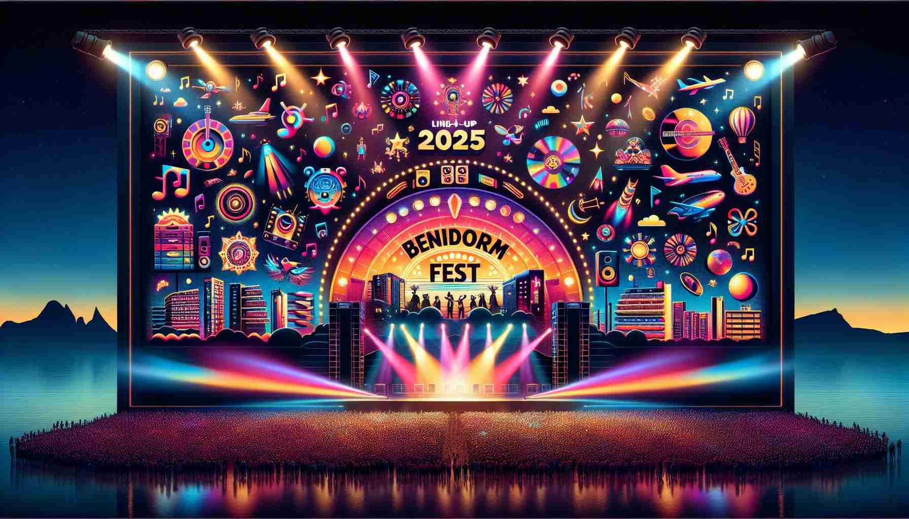 A highly realistic, high-definition image of a vibrant poster revealing the exciting line-up for the Benidorm Fest 2025. The poster should be brimming with excitement and anticipation. Visual elements might include colorful spotlights illuminating the 'Benidorm Fest 2025' title, a diverse range of lively music symbols, and a graphical representation of the eclectic range of artists billed to perform, shown as silhouettes or unique icons. The background could be a series of beautiful night skies offset by dazzling stage lights.