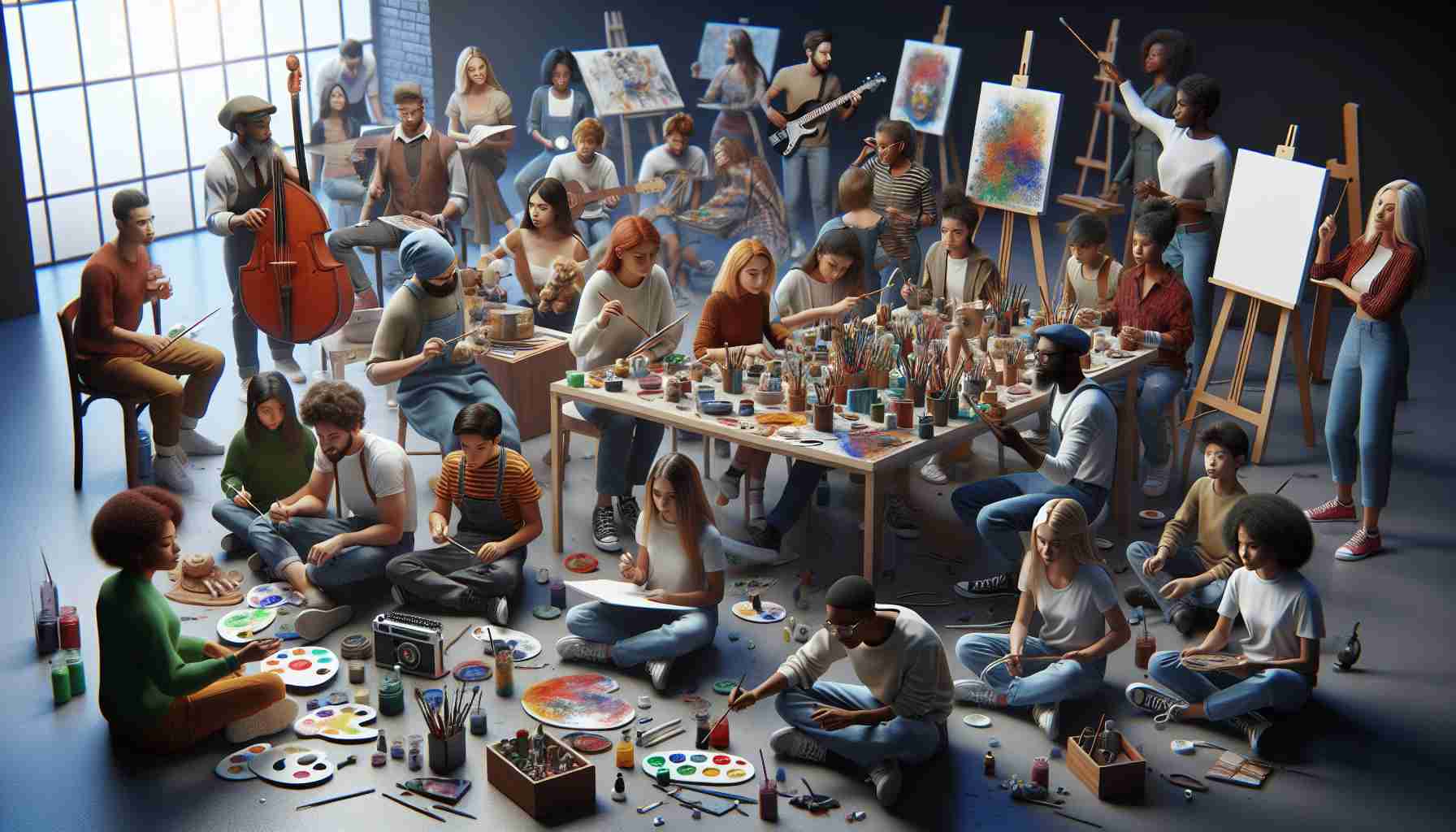 Realistic high-definition image representing the concept of empowering the youth through the means of art and innovation. The scene should contain a diverse group of young people from various descents such as Caucasian, Hispanic, Black, Middle-Eastern, South Asian, and East Asian engaging in different artistic endeavors. They are painting, sculpting, playing musical instruments, and experimenting with high-tech gadgets. They are supervised by female and male mentors, showing various descents as well. The atmosphere is filled with creativity and excitement, illuminating the potential that lies within these driven, innovative minds.