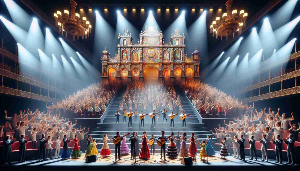 A realistic, high-definition representation of a grand stage, teeming with vibrant colors and element of Spanish culture. It's the scene of a widely-anticipated international junior music competition in 2027. Spotlights sweep across the area, illuminating a crowd of clapping spectators of various ages, genders, and descents. On stage, young performers of diverse descents and genders are immersed in their performance, some strumming guitars, some at the microphone belting out high notes, while others dance in sync to the pulsating rhythm of the music.