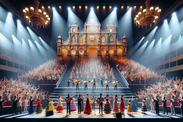 A realistic, high-definition representation of a grand stage, teeming with vibrant colors and element of Spanish culture. It's the scene of a widely-anticipated international junior music competition in 2027. Spotlights sweep across the area, illuminating a crowd of clapping spectators of various ages, genders, and descents. On stage, young performers of diverse descents and genders are immersed in their performance, some strumming guitars, some at the microphone belting out high notes, while others dance in sync to the pulsating rhythm of the music.