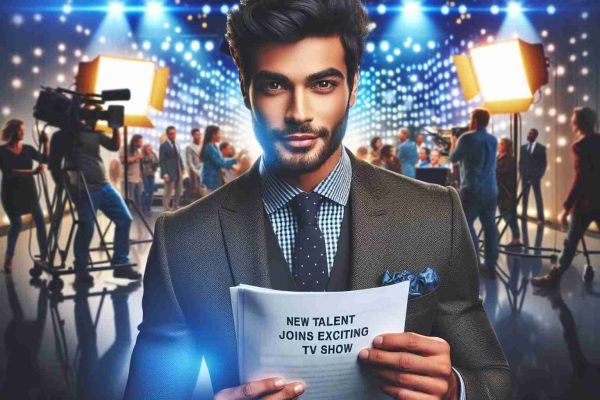 Generate a high-definition, realistic image of a confident, Middle-Eastern male, wearing a trendy suit, holding a script with a caption 'New Talent Joins Exciting TV Show'. The background should reflect a bustling TV set with a diverse set of busy crew members at work. The man's face should exude excitement, and the lights of the set should glimmer in his eager eyes.