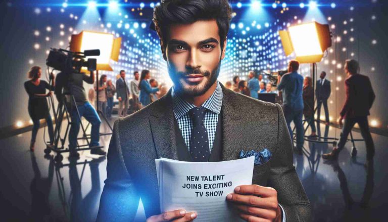 Generate a high-definition, realistic image of a confident, Middle-Eastern male, wearing a trendy suit, holding a script with a caption 'New Talent Joins Exciting TV Show'. The background should reflect a bustling TV set with a diverse set of busy crew members at work. The man's face should exude excitement, and the lights of the set should glimmer in his eager eyes.