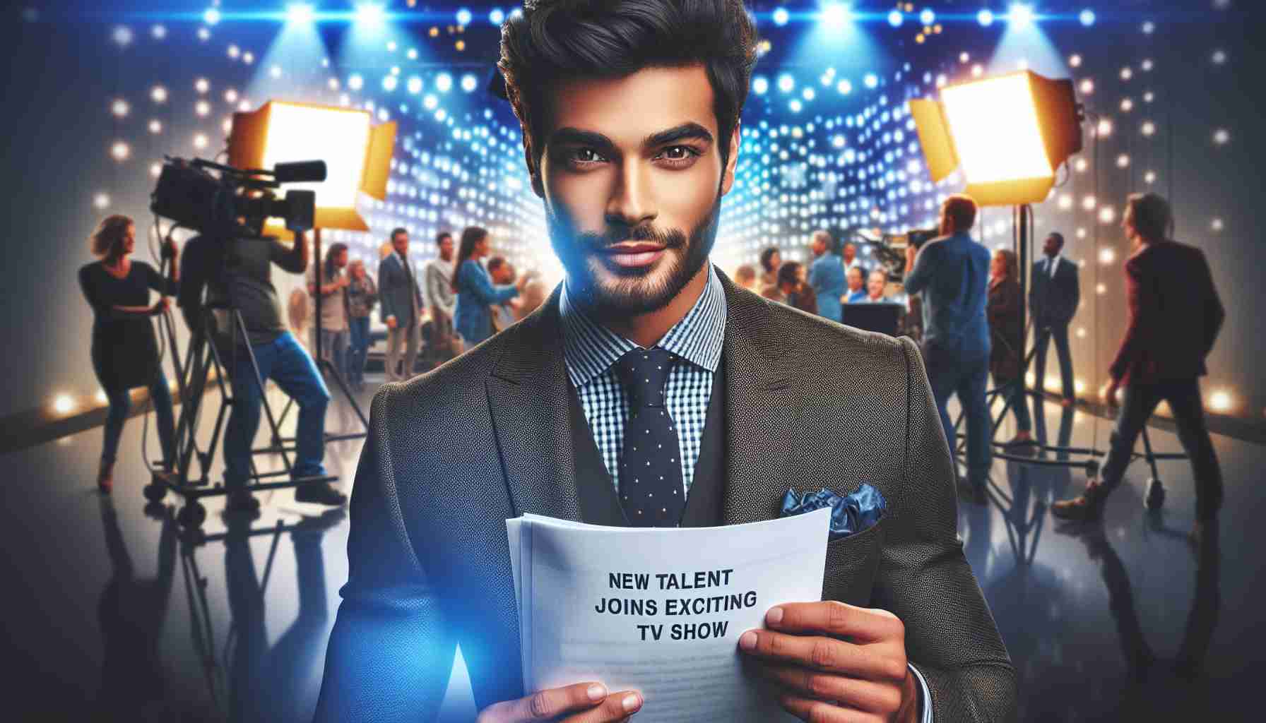 Generate a high-definition, realistic image of a confident, Middle-Eastern male, wearing a trendy suit, holding a script with a caption 'New Talent Joins Exciting TV Show'. The background should reflect a bustling TV set with a diverse set of busy crew members at work. The man's face should exude excitement, and the lights of the set should glimmer in his eager eyes.