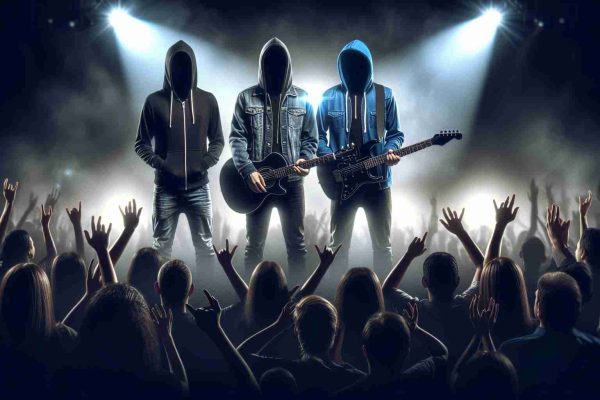 Realistic high definition image of a musical duo standing amidst the evident sound of controversy. Show the two musicians as two anonymous individuals, one with a black hoody and the other in a blue denim jacket, both under dramatic stage lighting. To emphasize the controversy, add a crowd expressing diverse emotions like shock, joy, and confusion. Please note, however, that the duo is not meant to represent any particular individuals, just the concept of musicians wrapped up in controversy.