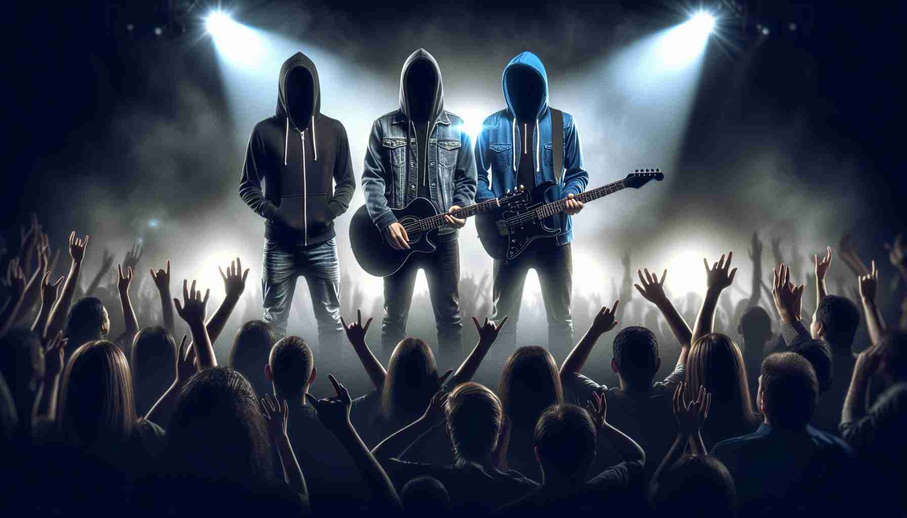 Realistic high definition image of a musical duo standing amidst the evident sound of controversy. Show the two musicians as two anonymous individuals, one with a black hoody and the other in a blue denim jacket, both under dramatic stage lighting. To emphasize the controversy, add a crowd expressing diverse emotions like shock, joy, and confusion. Please note, however, that the duo is not meant to represent any particular individuals, just the concept of musicians wrapped up in controversy.