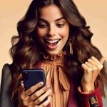 A high definition, realistic image of a young Spanish woman, with long brunette hair and a stylish attire, looking excitedly at her phone. The composition suggests she is sharing news on a social media platform, representing the feelings of joy, surprise, and anticipation that often accompany such moments.