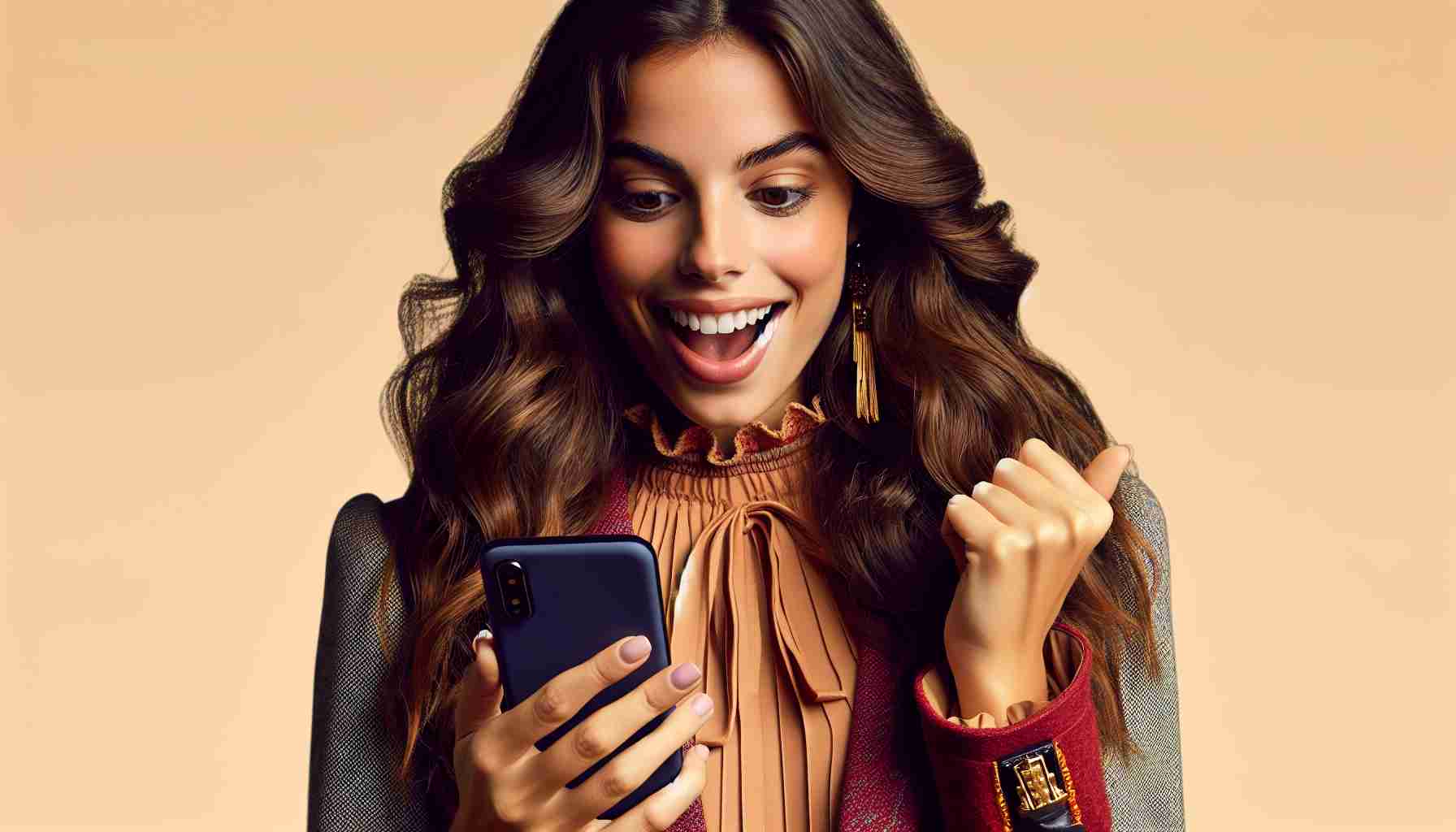 A high definition, realistic image of a young Spanish woman, with long brunette hair and a stylish attire, looking excitedly at her phone. The composition suggests she is sharing news on a social media platform, representing the feelings of joy, surprise, and anticipation that often accompany such moments.