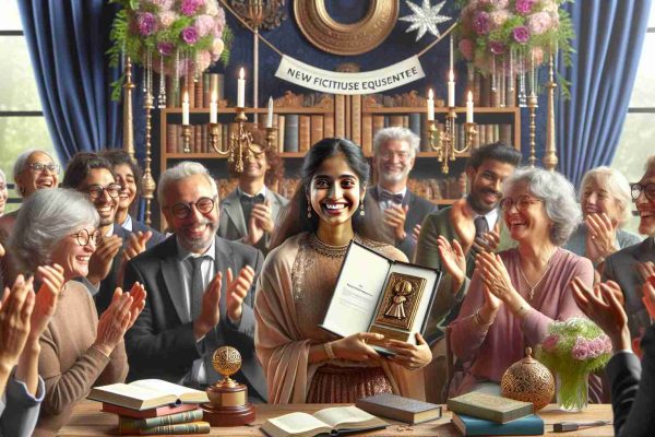 A high-definition photo of an imaginary event celebrating literary excellence: the awarding of a new fictitious equivalent to the Cervantes Prize Winner. The scene showcases a happy recipient, a South Asian woman, holding the prestigious award, surrounded by applauding well-wishers, books, and decorative elements inspired by literature and writing.