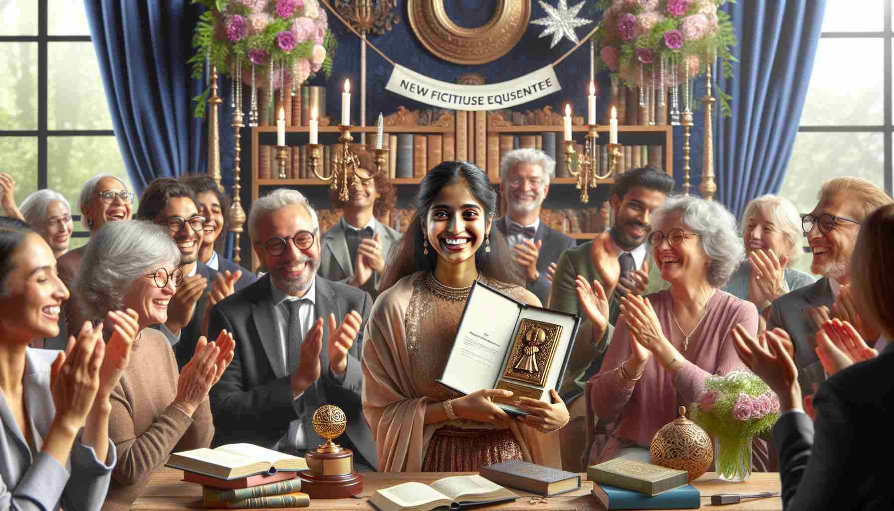 A high-definition photo of an imaginary event celebrating literary excellence: the awarding of a new fictitious equivalent to the Cervantes Prize Winner. The scene showcases a happy recipient, a South Asian woman, holding the prestigious award, surrounded by applauding well-wishers, books, and decorative elements inspired by literature and writing.