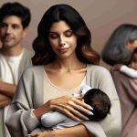 A realistic, high-definition photo of a young Hispanic woman embracing motherhood amidst family struggles. She radiates strength and determination as she navigates her duties as a mother, wrangling the challenges with a comforting cradle in her arms.