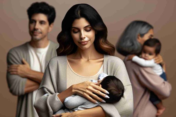 A realistic, high-definition photo of a young Hispanic woman embracing motherhood amidst family struggles. She radiates strength and determination as she navigates her duties as a mother, wrangling the challenges with a comforting cradle in her arms.