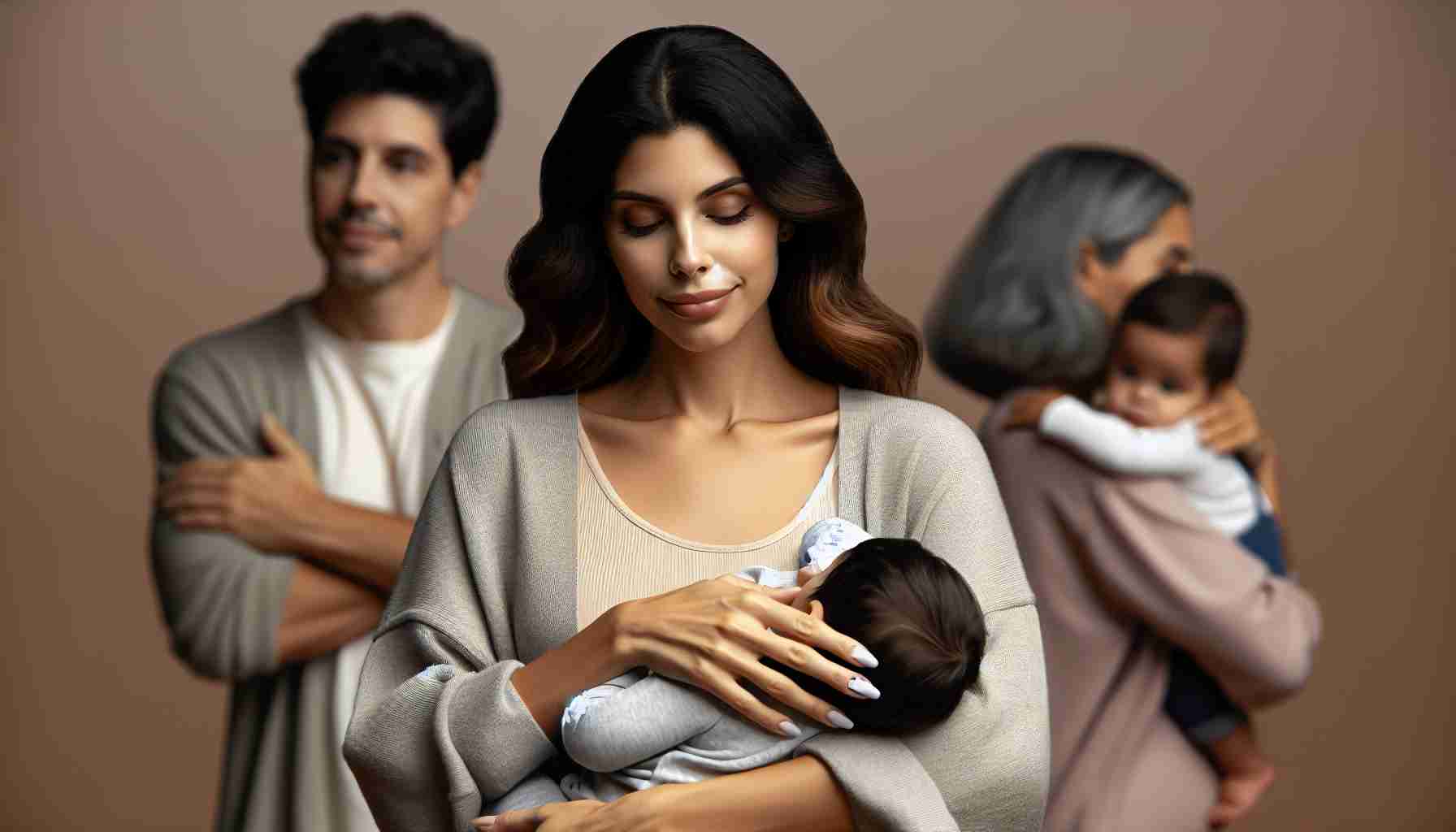 A realistic, high-definition photo of a young Hispanic woman embracing motherhood amidst family struggles. She radiates strength and determination as she navigates her duties as a mother, wrangling the challenges with a comforting cradle in her arms.