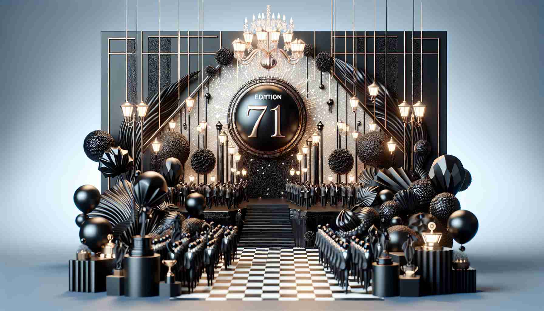 A realistic high definition image featuring a festive environment symbolizing the celebration of creativity. The event is depicted as being the 71st edition and is characterized by the color onyx, suggesting fancy black-themed decorations, attendees dressed in elegant black attire, and trophies in the shape of black onyx gems.