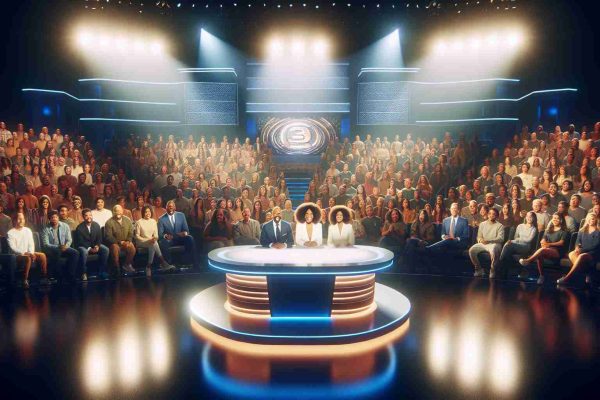 High-definition image of a successful turnout for a popular talk show on a Monday night. The stage is bathed in bright lights, with a broad desk at center stage. Behind the desk, the backdrop features an intricate design, perhaps the logo of the show. An excited, diverse crowd fills the seating area, their faces glowing in the reflected stage lights. The atmosphere is electric with anticipation, suggesting that the show is about to start. There are people of all descents, such as Caucasian, Hispanic, Black, Middle-Eastern, and South Asian, equally distributed in the crowd.