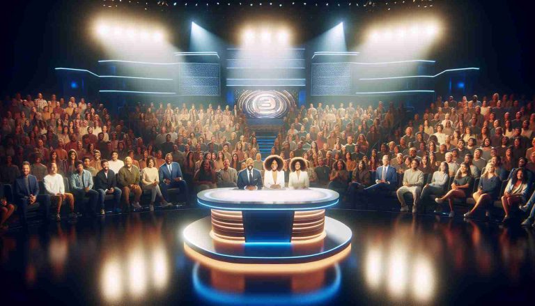 High-definition image of a successful turnout for a popular talk show on a Monday night. The stage is bathed in bright lights, with a broad desk at center stage. Behind the desk, the backdrop features an intricate design, perhaps the logo of the show. An excited, diverse crowd fills the seating area, their faces glowing in the reflected stage lights. The atmosphere is electric with anticipation, suggesting that the show is about to start. There are people of all descents, such as Caucasian, Hispanic, Black, Middle-Eastern, and South Asian, equally distributed in the crowd.