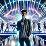 A high-definition, realistic image showcasing a new era for Spanish representation at the Eurovision Junior 2024. The stage is electric with energy and lights. With a broad stage outlined by high-tech LED screens, it displays colorful abstract graphics. Central in the frame, a South Asian Spanish male teen with a charismatic smile stands gripping a microphone, looking poised and confident. A Hispanic female teen stands behind a keyboard, her fingers dancing effortlessly across the keys. A group of dancers in vibrant costumes, all of different descents: Black, Caucasian, and Middle-Eastern, add to the enthusiastic ambience.