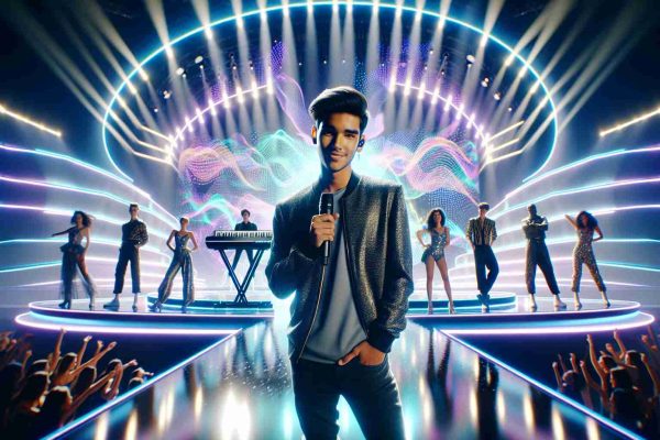 A high-definition, realistic image showcasing a new era for Spanish representation at the Eurovision Junior 2024. The stage is electric with energy and lights. With a broad stage outlined by high-tech LED screens, it displays colorful abstract graphics. Central in the frame, a South Asian Spanish male teen with a charismatic smile stands gripping a microphone, looking poised and confident. A Hispanic female teen stands behind a keyboard, her fingers dancing effortlessly across the keys. A group of dancers in vibrant costumes, all of different descents: Black, Caucasian, and Middle-Eastern, add to the enthusiastic ambience.