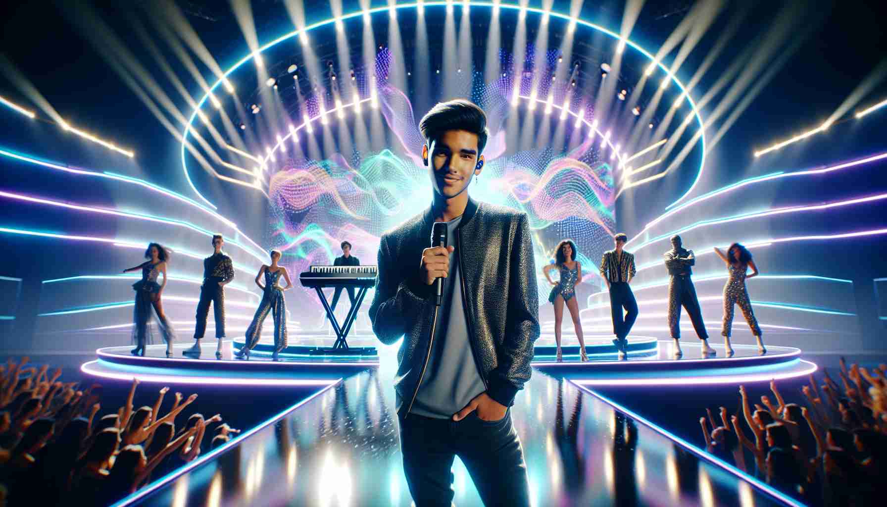 A high-definition, realistic image showcasing a new era for Spanish representation at the Eurovision Junior 2024. The stage is electric with energy and lights. With a broad stage outlined by high-tech LED screens, it displays colorful abstract graphics. Central in the frame, a South Asian Spanish male teen with a charismatic smile stands gripping a microphone, looking poised and confident. A Hispanic female teen stands behind a keyboard, her fingers dancing effortlessly across the keys. A group of dancers in vibrant costumes, all of different descents: Black, Caucasian, and Middle-Eastern, add to the enthusiastic ambience.