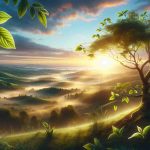 Realistic high-definition image depicting the concept of new beginnings and a fresh start. Visualize a beautiful sunrise over an untouched landscape. In the far we have lush green hills kissed by the first daylight with mist forming from the warmth of the sun. Close in the foreground, a single robust tree is sprouting new leaves, symbolizing growth and renewal. Delicate droplets of dew hang off the edges of the leaves, reflecting the soft golden light of the sun. The sky is a collection of soft, pastel hues, gradually transitioning from cool blues to warm oranges and pinks, alluding to the dawn of a new day.