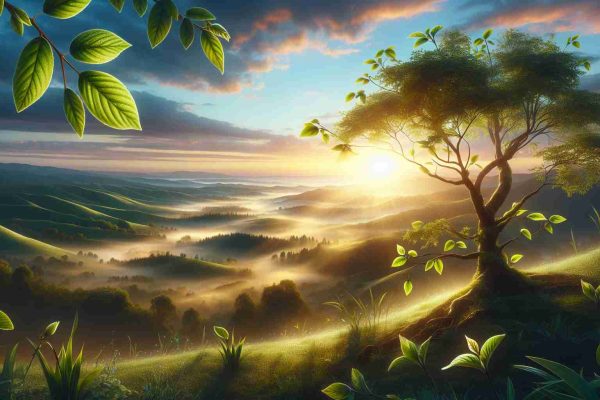 Realistic high-definition image depicting the concept of new beginnings and a fresh start. Visualize a beautiful sunrise over an untouched landscape. In the far we have lush green hills kissed by the first daylight with mist forming from the warmth of the sun. Close in the foreground, a single robust tree is sprouting new leaves, symbolizing growth and renewal. Delicate droplets of dew hang off the edges of the leaves, reflecting the soft golden light of the sun. The sky is a collection of soft, pastel hues, gradually transitioning from cool blues to warm oranges and pinks, alluding to the dawn of a new day.