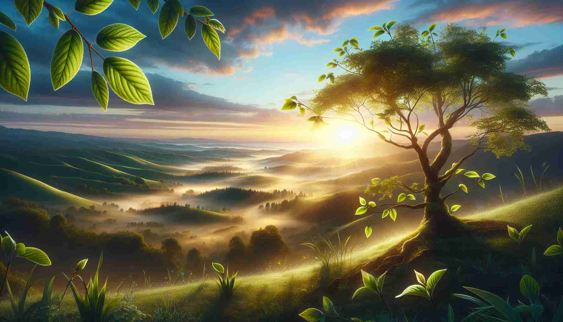 Realistic high-definition image depicting the concept of new beginnings and a fresh start. Visualize a beautiful sunrise over an untouched landscape. In the far we have lush green hills kissed by the first daylight with mist forming from the warmth of the sun. Close in the foreground, a single robust tree is sprouting new leaves, symbolizing growth and renewal. Delicate droplets of dew hang off the edges of the leaves, reflecting the soft golden light of the sun. The sky is a collection of soft, pastel hues, gradually transitioning from cool blues to warm oranges and pinks, alluding to the dawn of a new day.