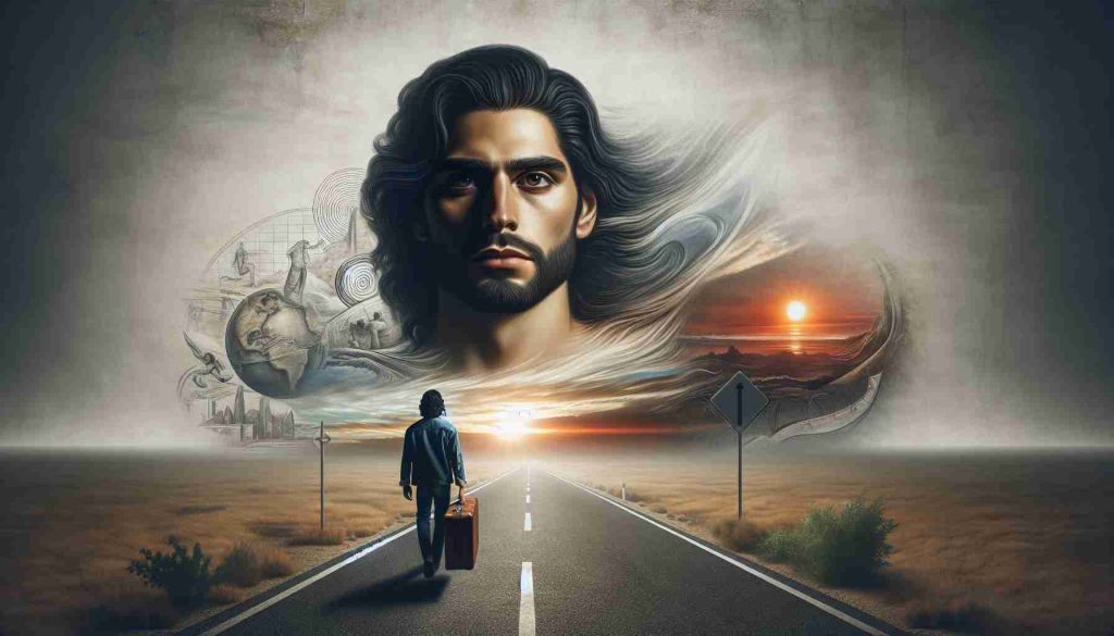 A highly detailed and realistic photo showcasing the concept of 'New Beginnings' represented by an individual bearing a striking resemblance to a popular male television host, with a lean build and dark, wavy hair. In this scene, he's portrayed on a poignant journey of self-discovery and healing after experiencing emotional pain. Various symbolic elements like an open road, sunrise, and a solitary suitcase might should be included to express the theme of venturing into the unknown, rising above adversity, and starting anew.