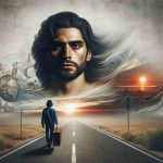 A highly detailed and realistic photo showcasing the concept of 'New Beginnings' represented by an individual bearing a striking resemblance to a popular male television host, with a lean build and dark, wavy hair. In this scene, he's portrayed on a poignant journey of self-discovery and healing after experiencing emotional pain. Various symbolic elements like an open road, sunrise, and a solitary suitcase might should be included to express the theme of venturing into the unknown, rising above adversity, and starting anew.