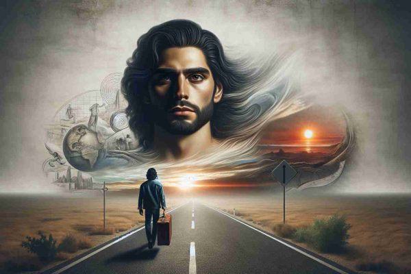 A highly detailed and realistic photo showcasing the concept of 'New Beginnings' represented by an individual bearing a striking resemblance to a popular male television host, with a lean build and dark, wavy hair. In this scene, he's portrayed on a poignant journey of self-discovery and healing after experiencing emotional pain. Various symbolic elements like an open road, sunrise, and a solitary suitcase might should be included to express the theme of venturing into the unknown, rising above adversity, and starting anew.