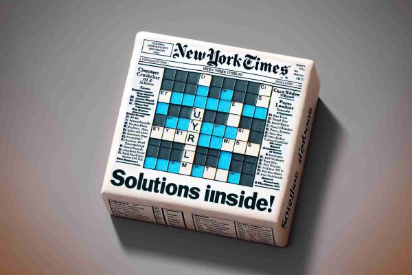 An ultra-high definition, realistic representation of a mini crossword puzzle from New York Times. The crossword gives a sense of being stuck or challenging. Below the crossword, have text saying 'Solutions Inside!' in an inviting, attention-grabbing style.