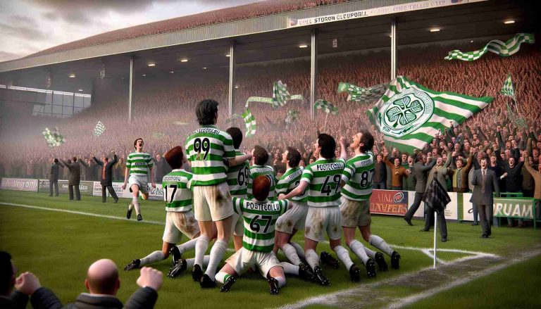 A high definition, realistic photo capture of a Celtic Football team's glorious moment on the pitch, during the early days of their football journey, before the arrival of manager Postecoglou. The team is celebrating a significant win with joy and fervor. The crowd in the stadium is ecstatic, exuding an atmosphere of triumph and exhilaration. The scarves, banners, and flags in the club's traditional green and white colors are present in the crowd. However, the image should hint at a sense of anticipation, foreshadowing greater success in the future.