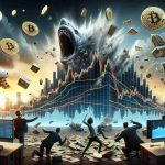 Realistic high-definition image of a conceptual illustration depicting turmoil shaking the cryptocurrency market, with a huge price gap emerging. The scene includes elements such as dramatically fluctuating line graphs, bitcoins falling from the sky, panicked traders, and digital screens showing drastic market changes.