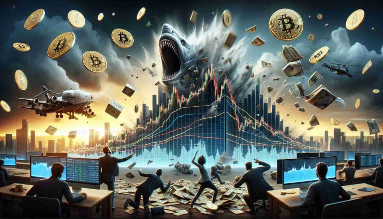 Realistic high-definition image of a conceptual illustration depicting turmoil shaking the cryptocurrency market, with a huge price gap emerging. The scene includes elements such as dramatically fluctuating line graphs, bitcoins falling from the sky, panicked traders, and digital screens showing drastic market changes.