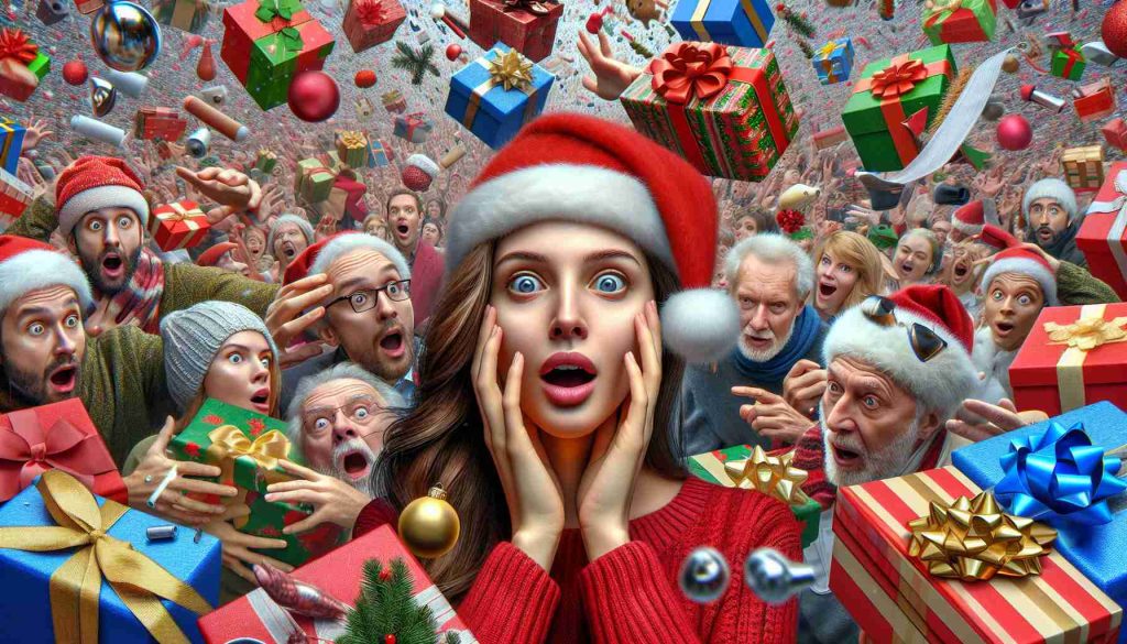 Generate a realistic, high definition image portraying a surprising twist during the holiday season. This could include elements such as unexpected gifts, unusual holiday decorations, or unexpected holiday-themed events. Include reactions of surprise, disbelief, or amazement from the observers.